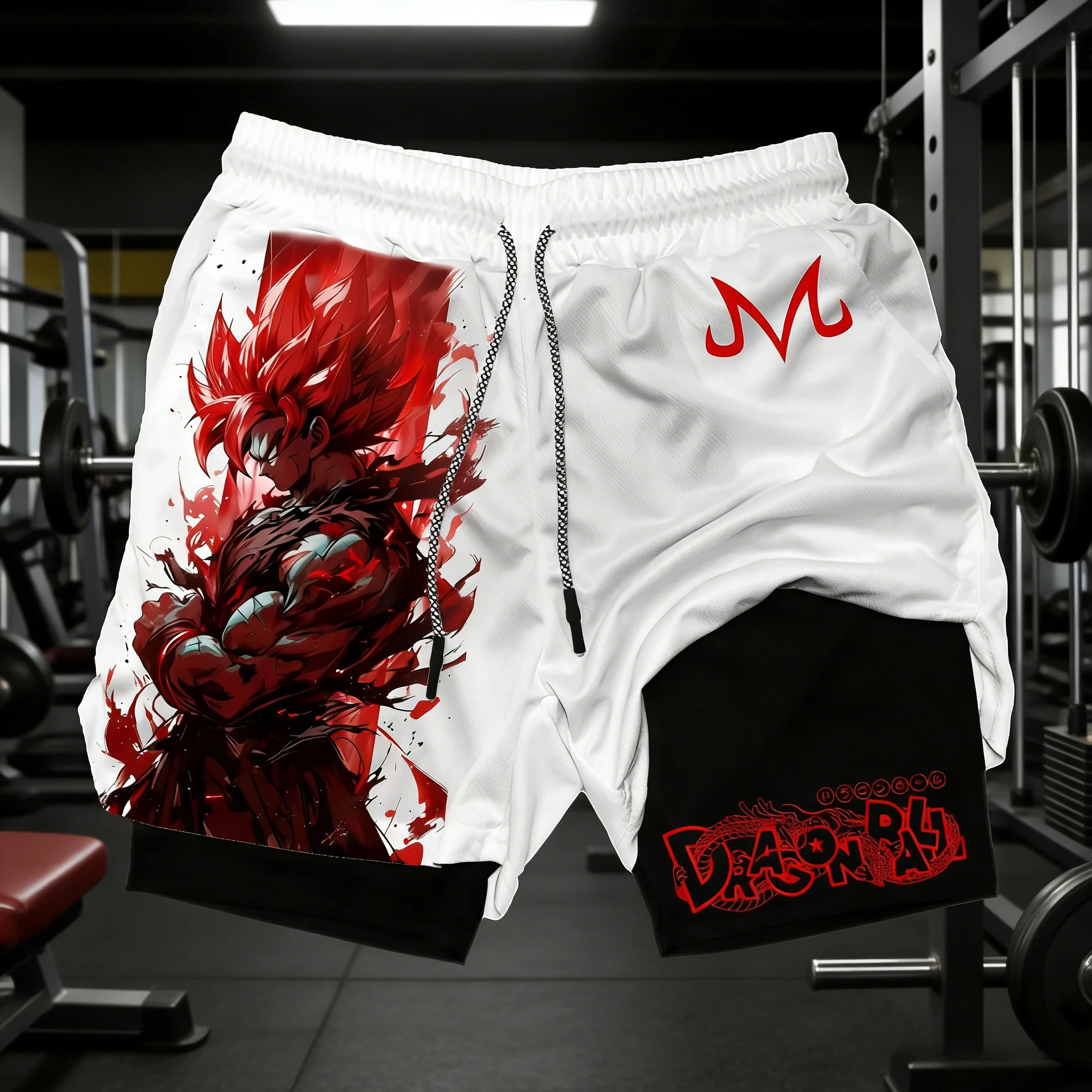 2026Summer Dragon Ball Double Layer Men's Gym Shorts Super Saiyan God Goku Red Print Quick Dry Oversized Athletic Workout Shorts
