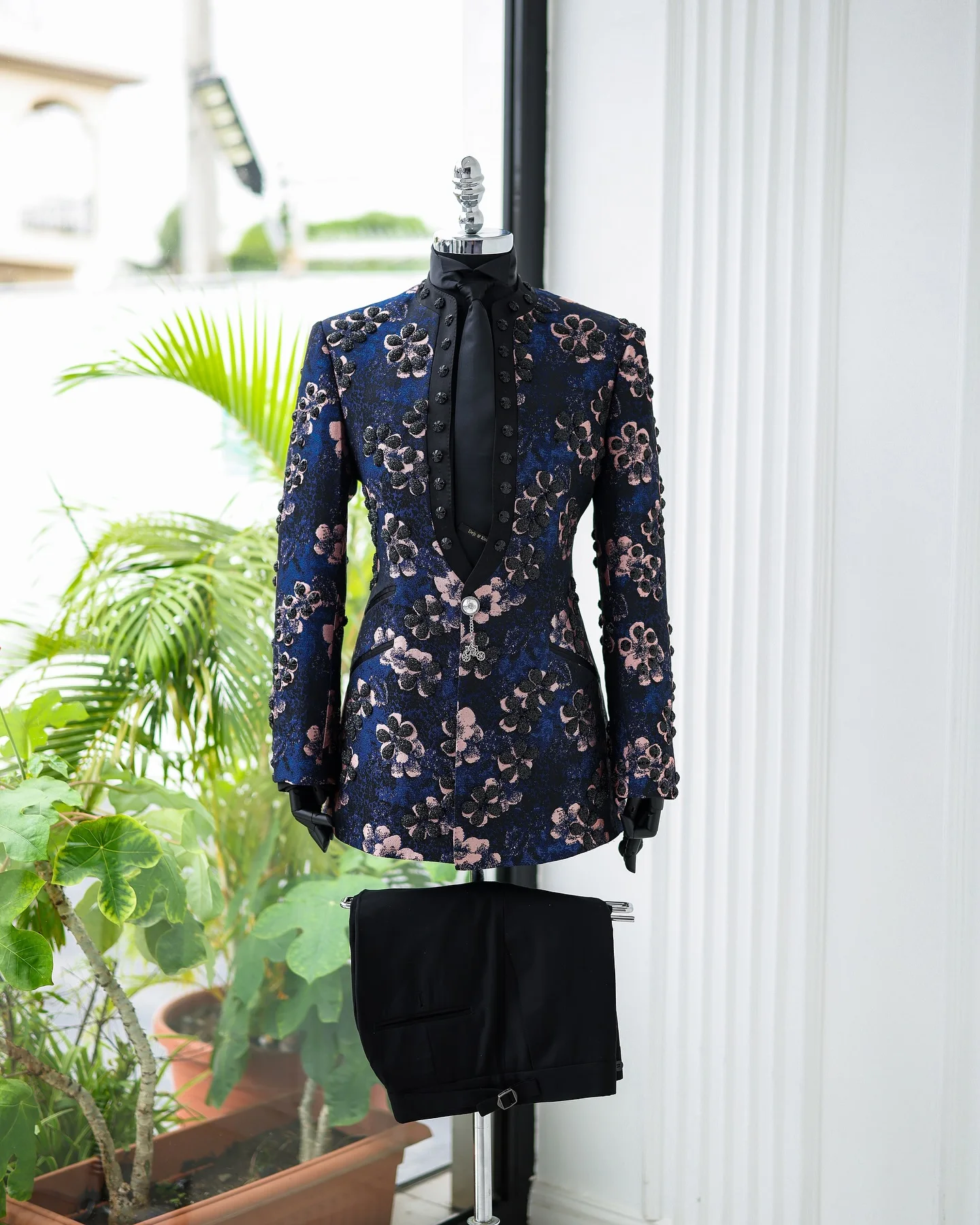 

Luxury Blue Men Suit Set 2 Pieces Blazer+Pants Trousers Flower Groom Wedding Tuxedo Formal Office Cotton Customized Jacket