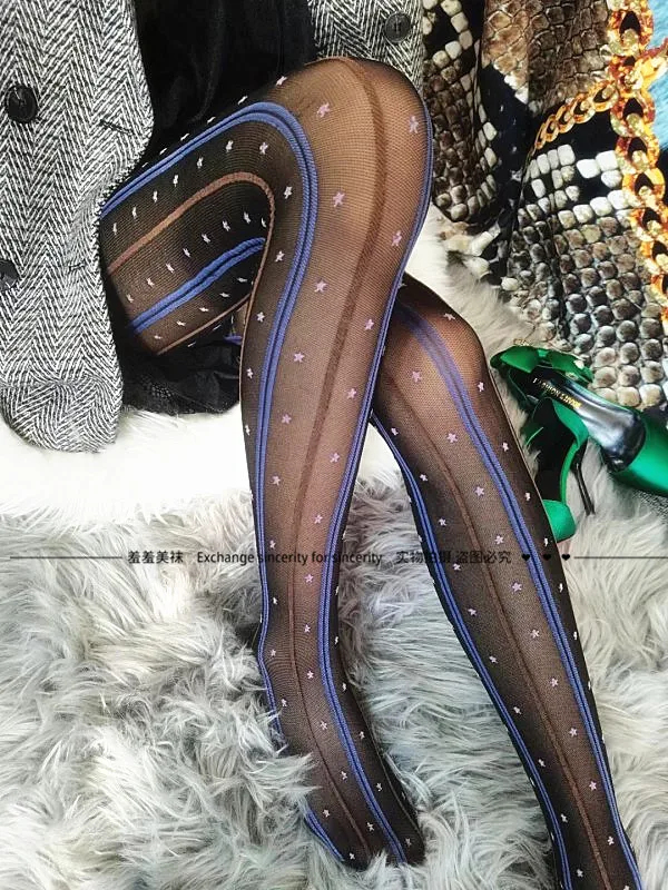 Silk Stockings Sexy Thin Vertical Five Pointed Star Blue Striped Pantyhose Contrast Socks Stockings Sexy Designer Stockings