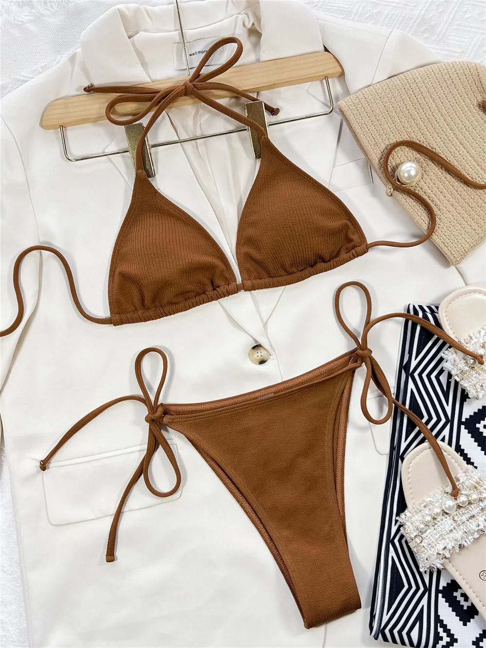 

Сплошной ребристый бикини треугольный купальник пуш-ап отпуск купальники стринги экстремальный Y2K микро бикини женский пляжный наряд купальный костюм