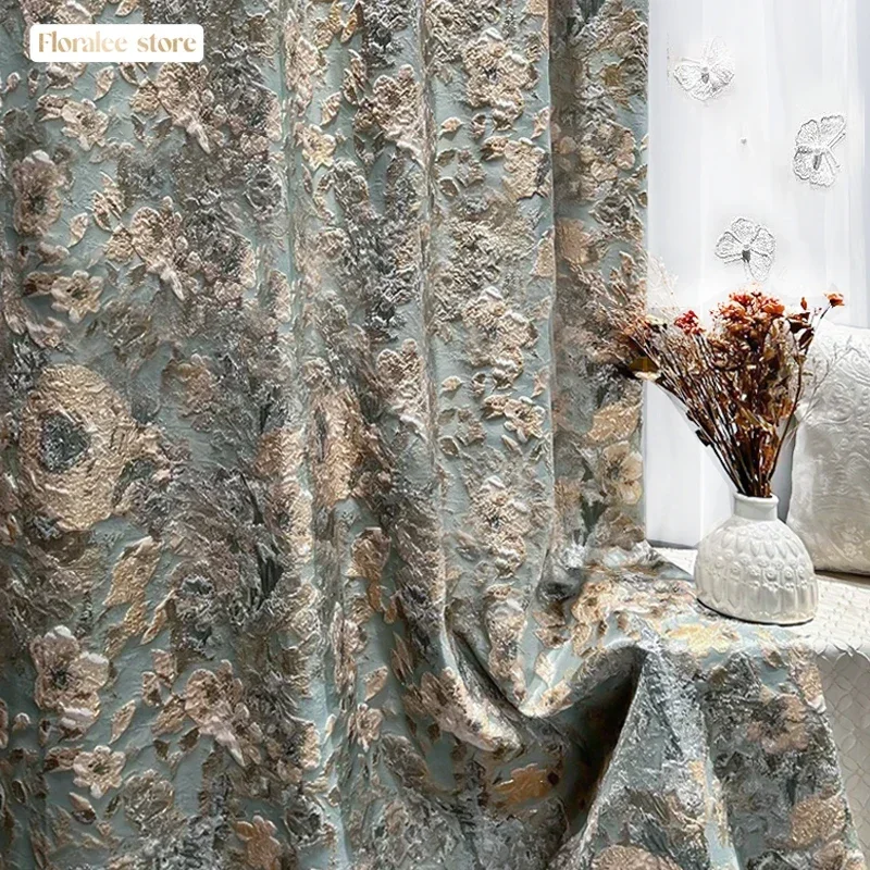 Luxury Curtains  American Embossed European Style Flower Thickened Blackout Custom Window Curtains for Living Room Bedroom Decor