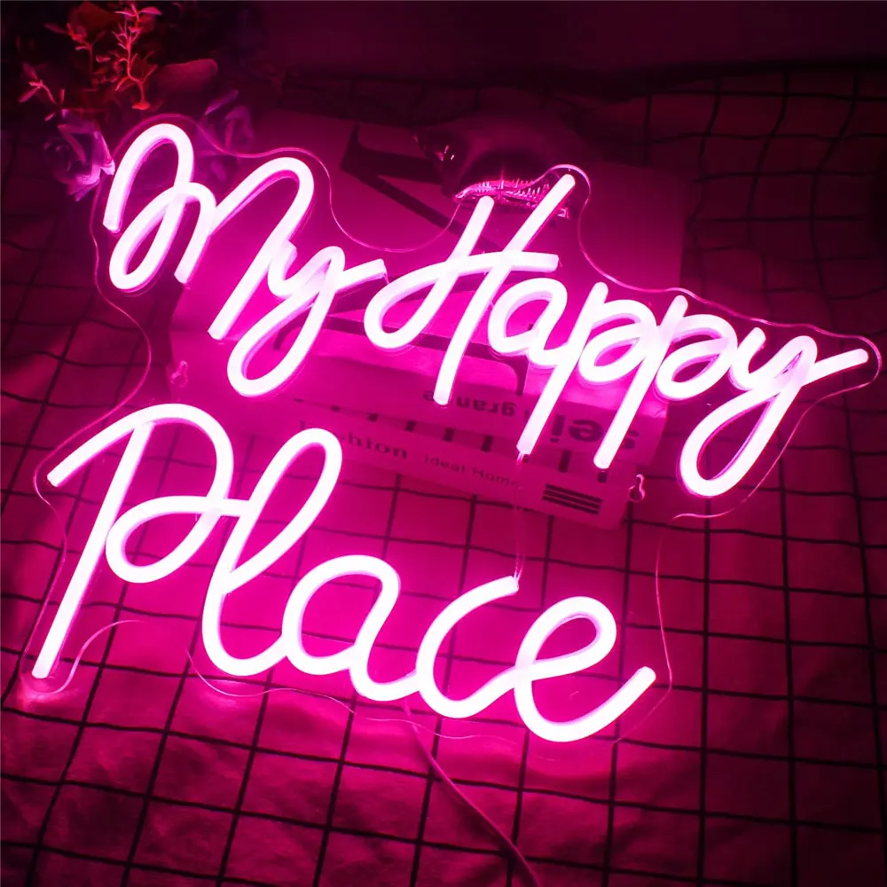 My Happy Place Neon Sign Pink LED Light Home Art Bar Bedroom Room Club Shop Wedding Birthday Party Backdrop Wall Decor Christmas