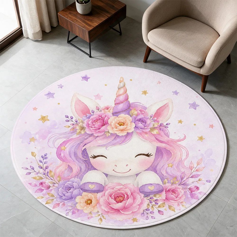 Cute Unicorn Floral Pet Round Area Rug Pink Purple Dreamy Nursery Mat for Kids Bedroom Decor