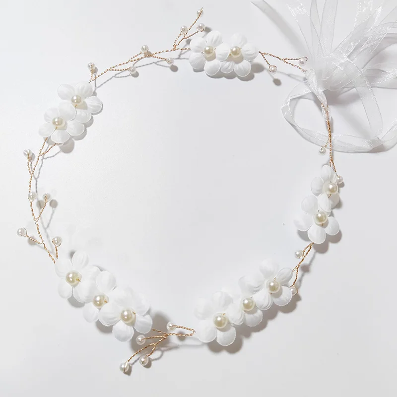 العروس الزفاف اكسسوارات للشعر اللؤلؤ الأرجواني زهرة عقال الفتيات الأبيض الأزهار تاج جارلاند رئيس هوب خوذة الشعر مجوهرات #2