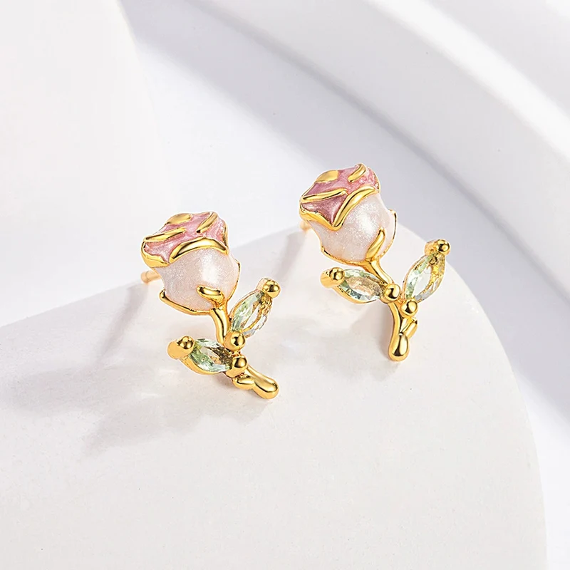 Sweet and Fresh Enamel Micro Inlaid Zircon Earrings High-end feel Three-dimensional Exquisite Rose Ear Stud Hot Selling Jewelry