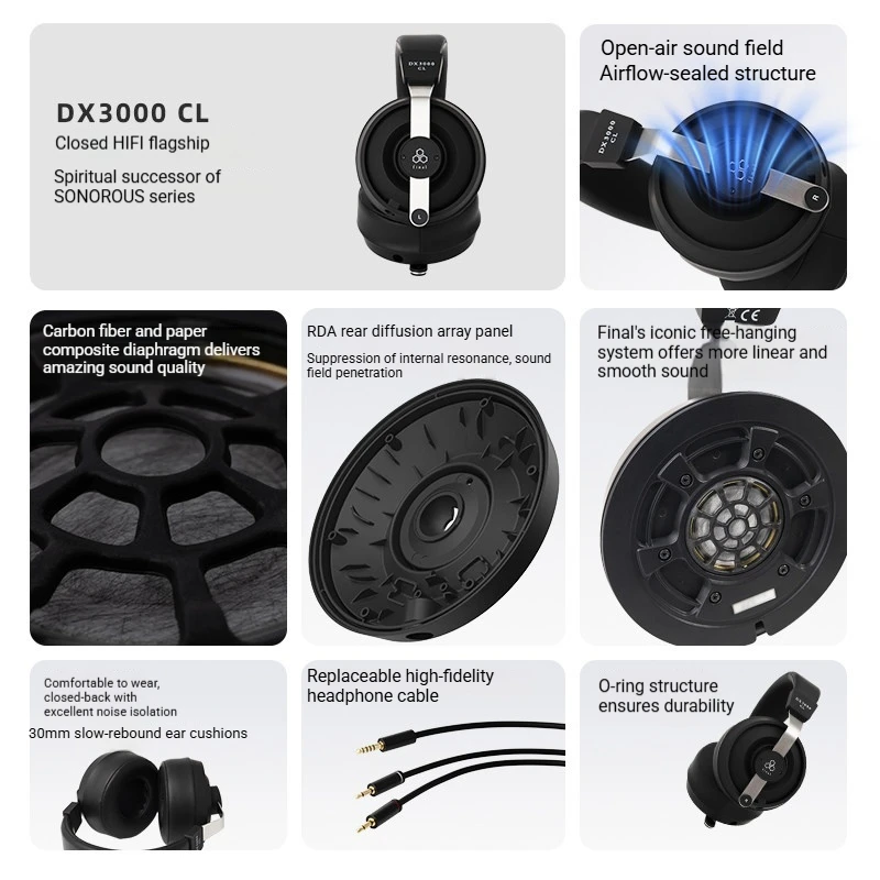 Final DX3000CL Closed Back HiFi Wired Headphones Carbon Fiber Paper Composite Diaphragm RDA Rear Diffusion Plate Noise Isolating