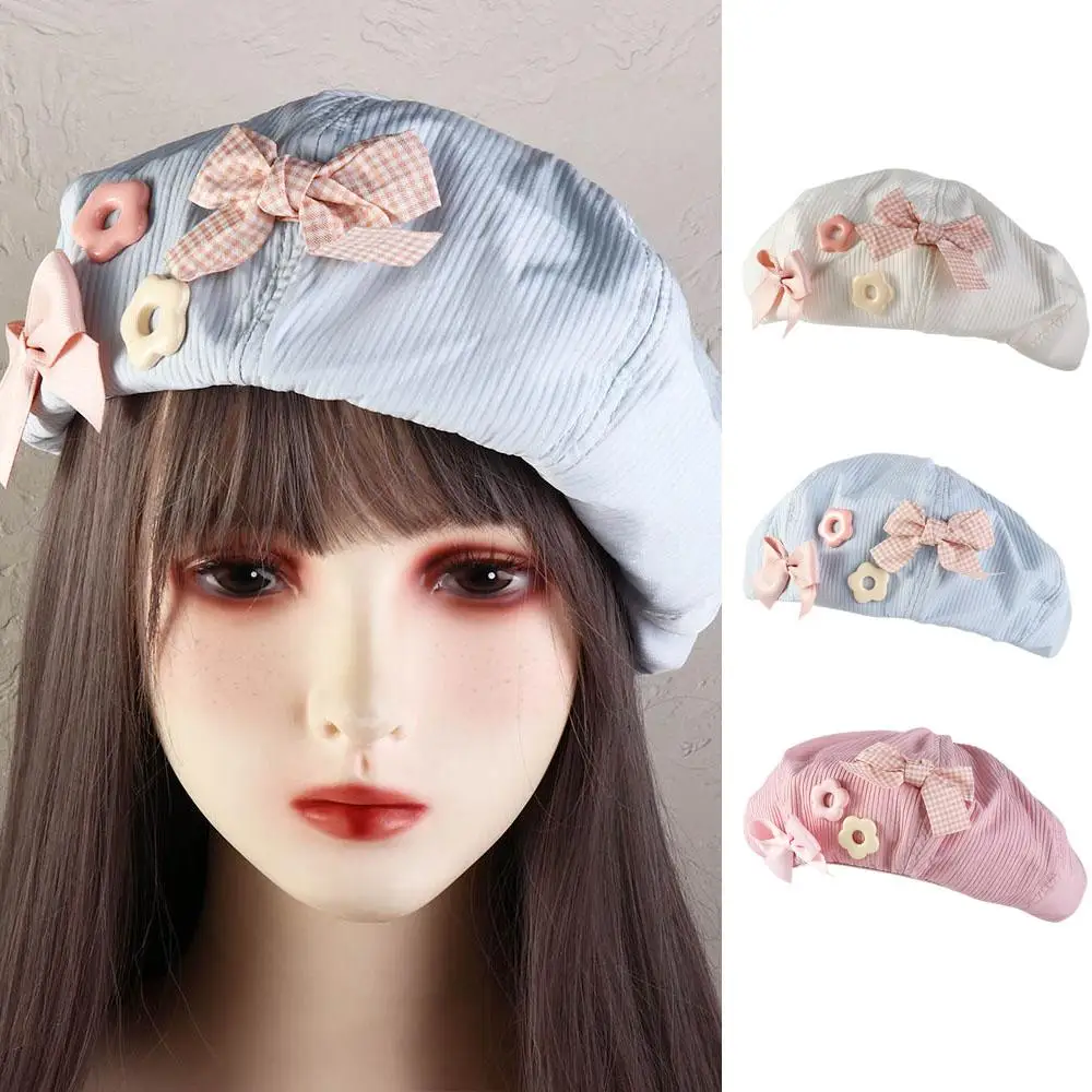 

Sweet Solid Color Bow Flower Beret Y2k College Style Octagonal Cap Pumpkin Cap Japanese Painter Hat Girl