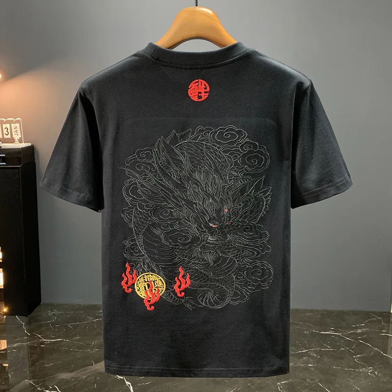 Chiński haft Loong z nadrukiem T-shirt z krótkim rękawem męski 2025 letni luźny, swobodny fason w stylu narodowym top w stylu retro