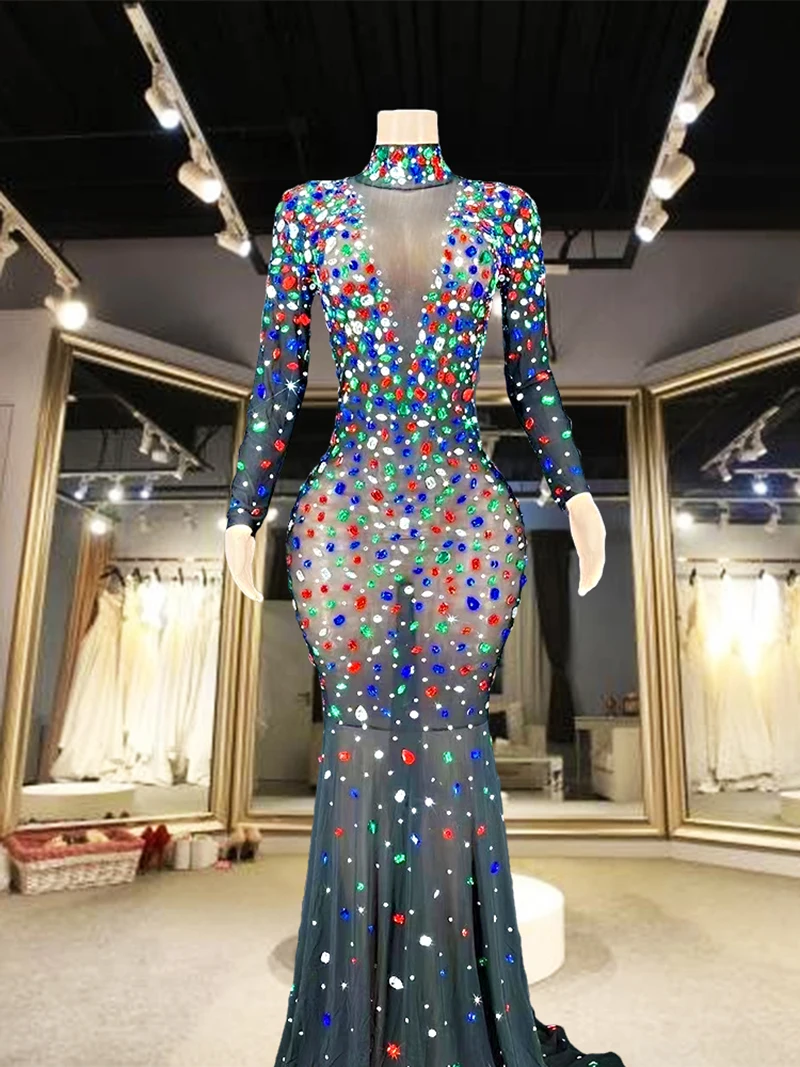 

Long Women Gowns Rhinstone Festival Evening Sequins Drag Queen Puff Sleeves Singer Special Ocassion Luxury Prom Dresses Stage