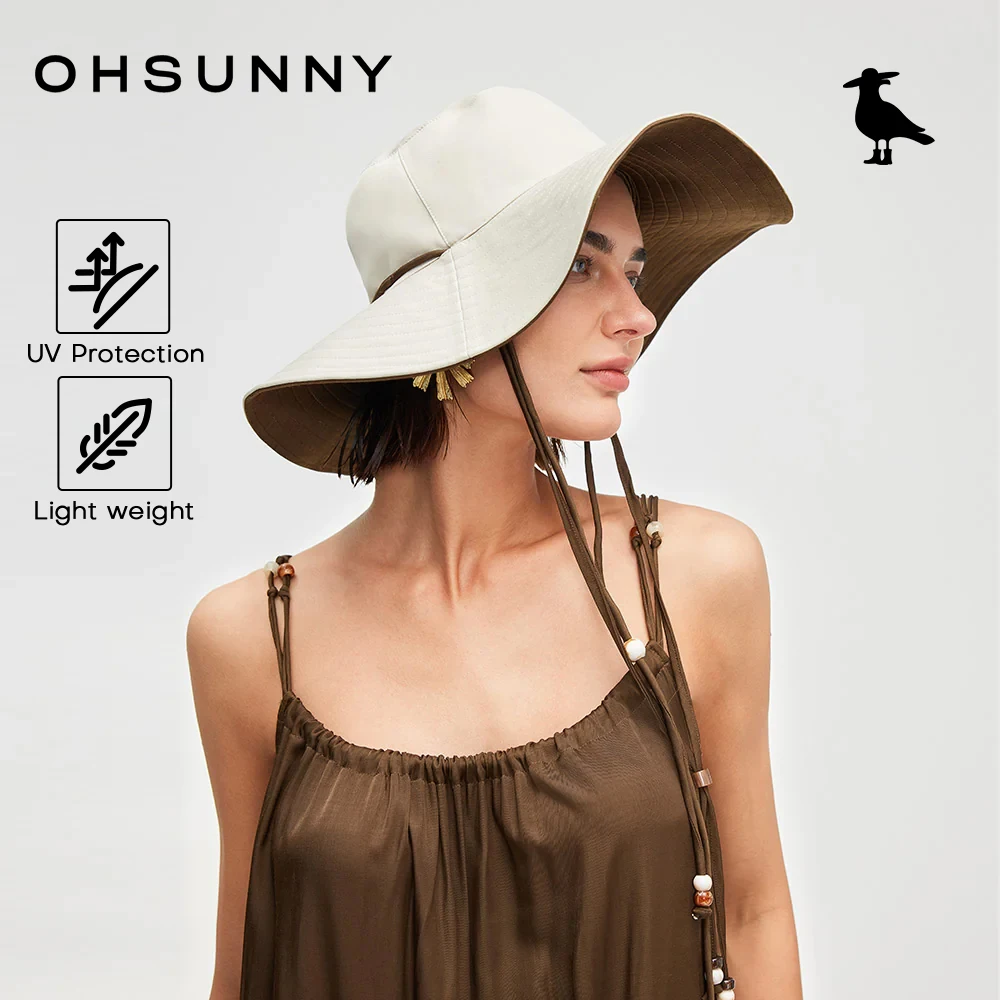 

Двусторонняя солнцезащитная шляпа OHSUNNY для отпуска с регулируемыми ремешками ручной работы, украшенными бисером, с защитой от УФ-излучения UPF50+, широкополая панама