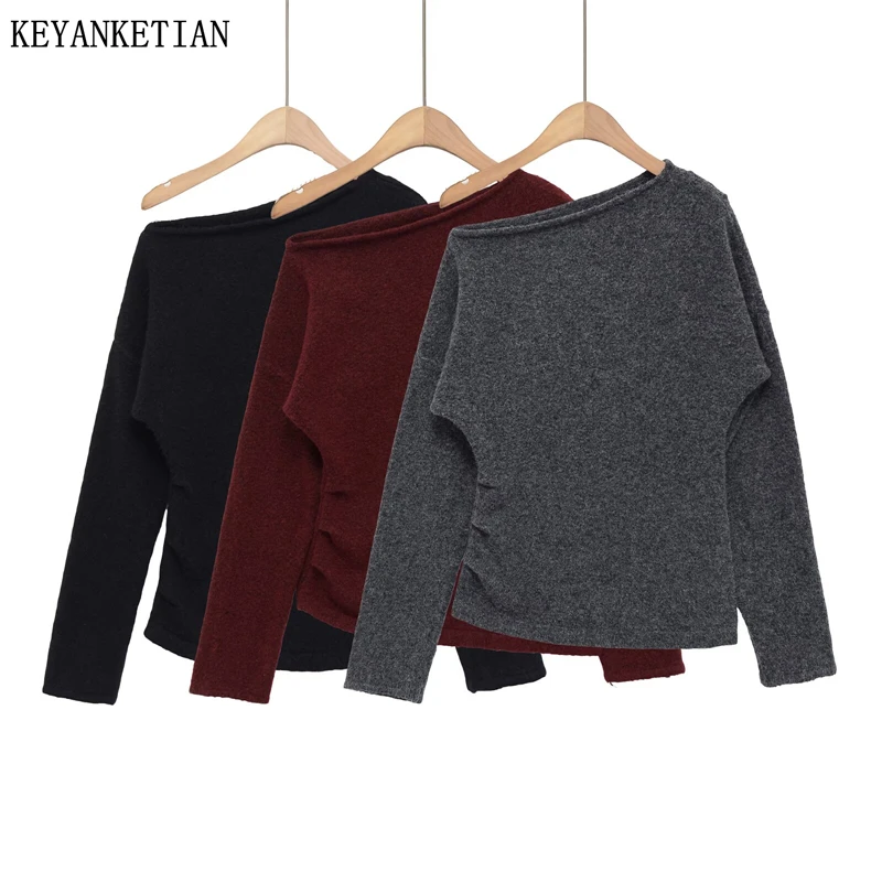 KEYANKETIAN Spring new women's fashion casual slanted shoulder pleated slim knitted sweater women with shoulder pullover sweater