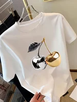 T-shirt à manches courtes pour femme avec imprimé cerise dorée, tee-shirt décontracté élégant, un sentiment d'élégance, haut polyvalent pour femme, design minimaliste 6