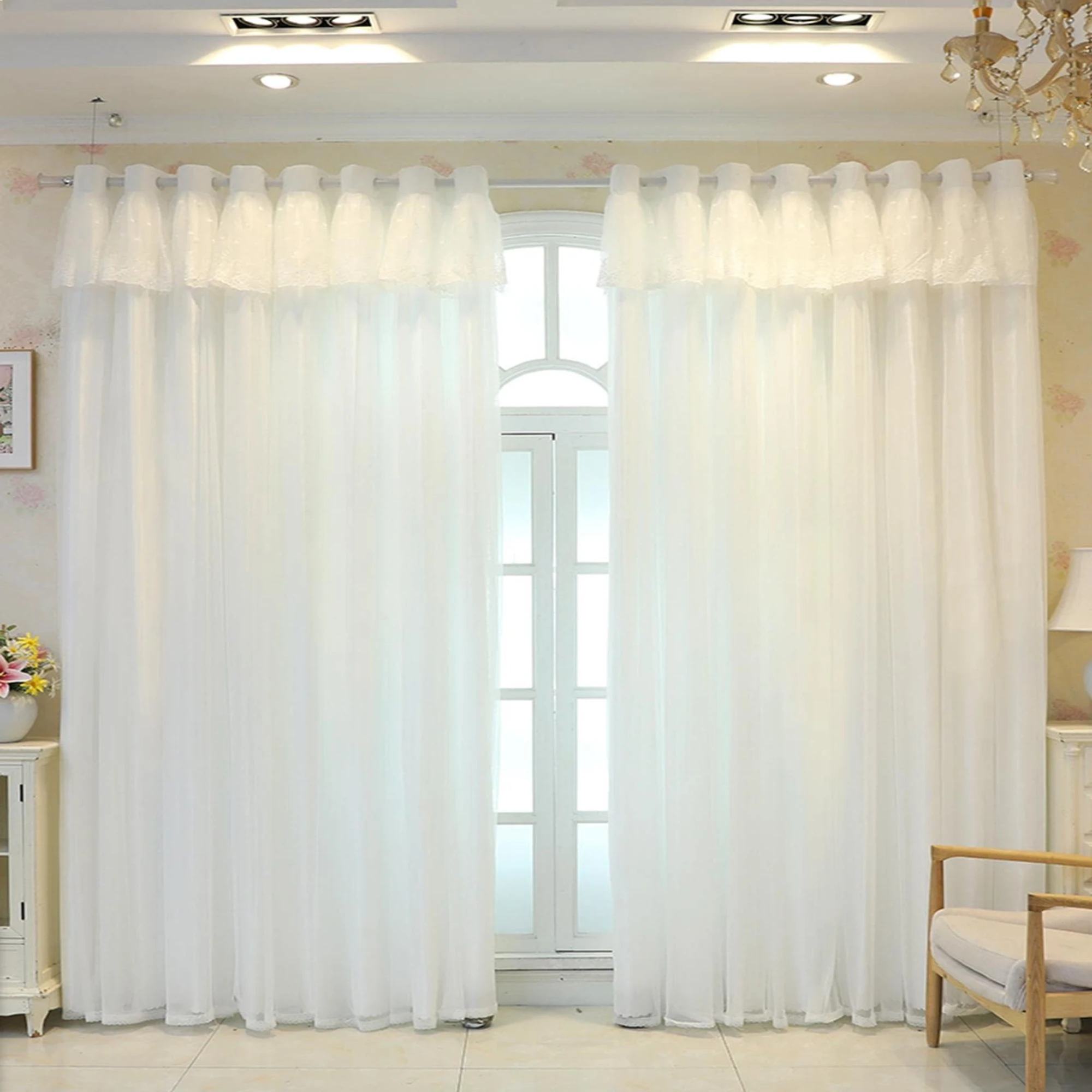 1pc Romantic white color Double Layer blackout Curtains with Sheer,Blocks UV,Heat Insulating , for Living Room, Bedroom