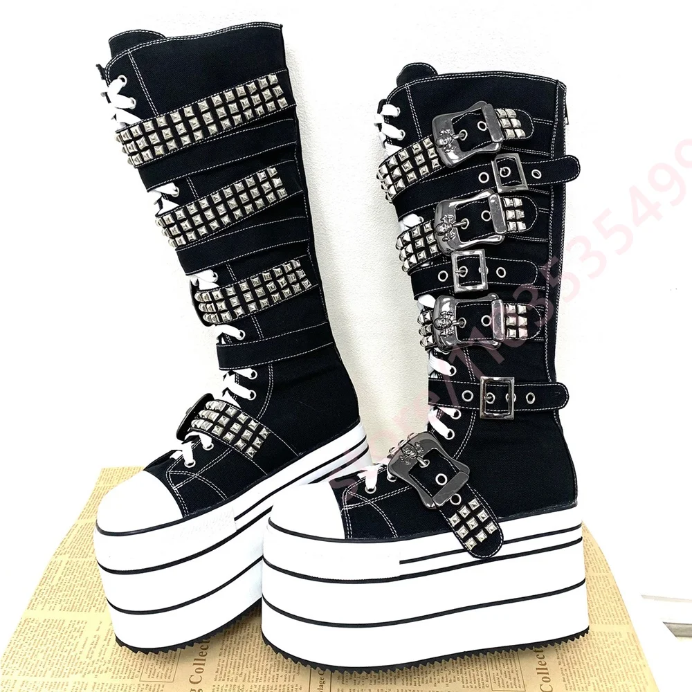 Gothic Platform Mid Calf Boots 2026 Canvas White Toe Cap Studded Straps Buckles Chunky Heel Punk Cosplay Fashion Sneaker Boots