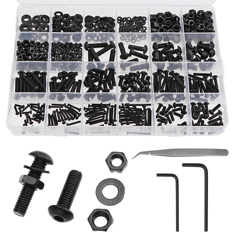 

730pcs Carbon Steel Socket Cap Head Screws Set Round Head Screw Kit M2 M3 M4 M5 Bolt Screw and Nut Washer Set