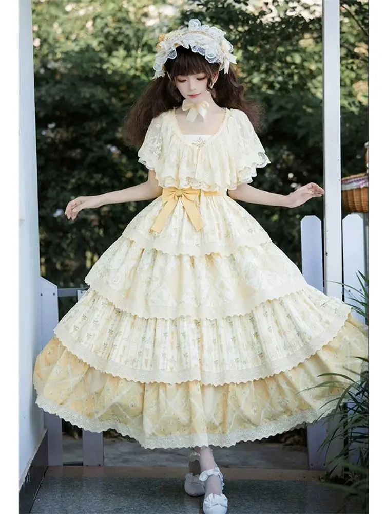 

Original Design Oil Painting Pattern Chiffon Twin Lolita Top Korean Sle Hollow out Lace irt V Ne ort Length Svel
