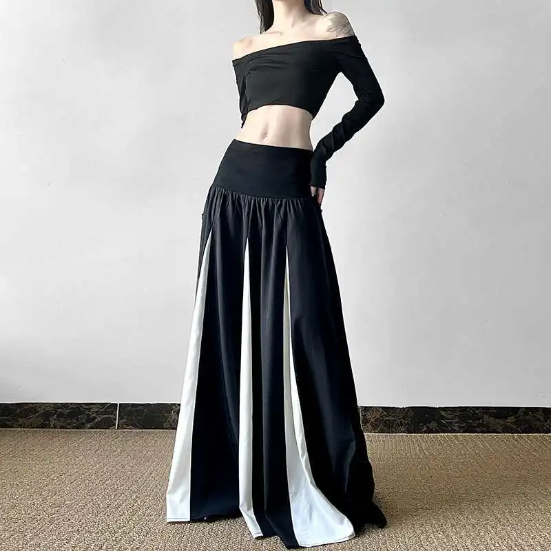Oversize Black White Patchwork A-line Skirts Y2k Mid-length Loose Skirt For Women 2025 Spring New Korean Fashion Clothing