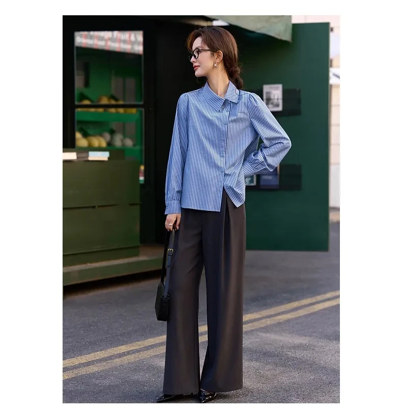 VIMLY Women's Blue Striped Shirt 2026 Spring New Irregular Placket Turn-Down Collar Long Sleeve Top Casual Commute Shirt A3711
