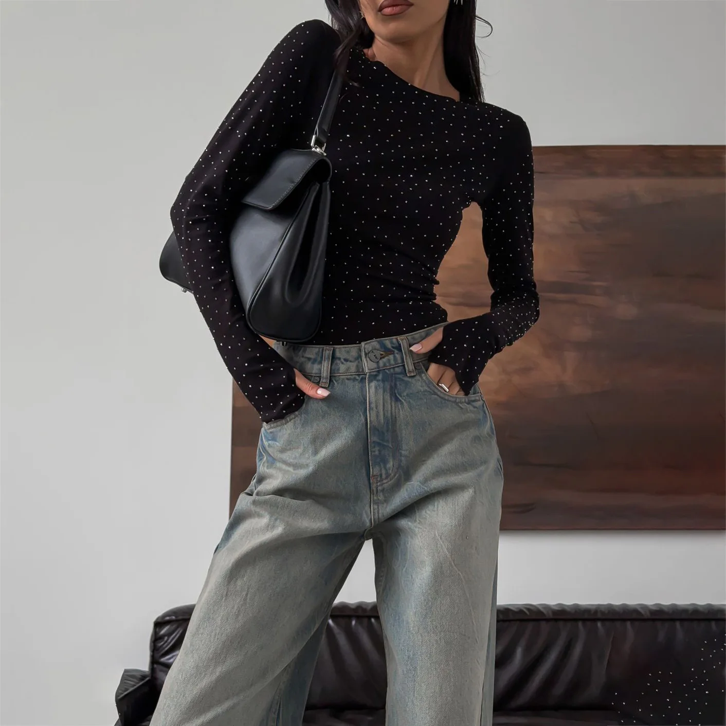 Haut noir Baddie délicat pour femmes, tricot extensible, col rond, manches longues, strass complets, ajusté, décontracté, nouvelle collection printemps 2026