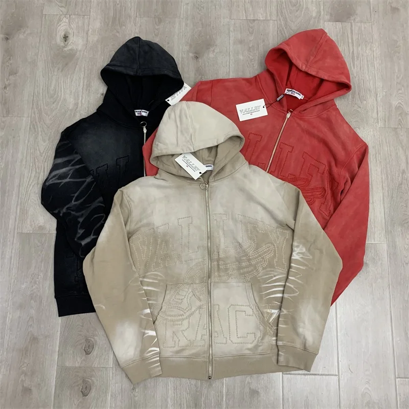 

Black Washed VALLEY Embroidered Logo Hoodies Men Women American Pure Cotton Vale Oversized Zip Jacket
