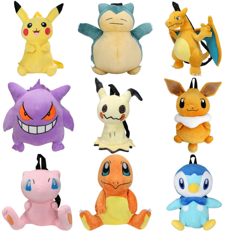 bonita-mochila-de-pokemon-anime-japones-kawaii-pikachu-gengar-eevee-charizard-snorlax-mimikyu-peluche-suave-bolsa-escolar-regalos