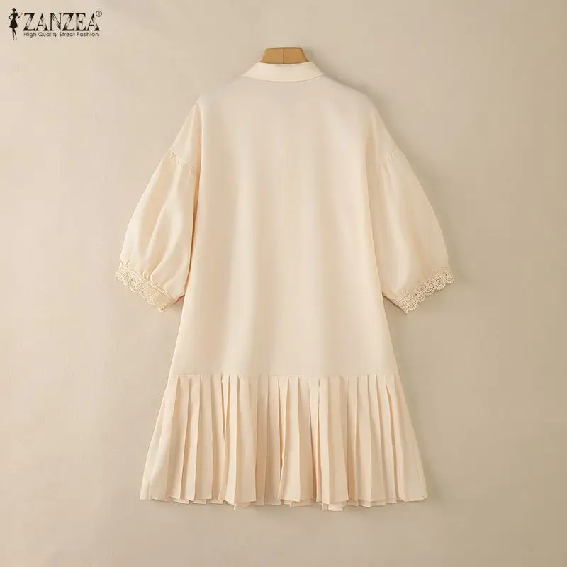 ZANZEA-vestido plisado hasta la rodilla para mujer, vestido con encaje y patchwork, camisa con mangas 3/4, vestido de verano con cuello vuelto, vestidos para mujer