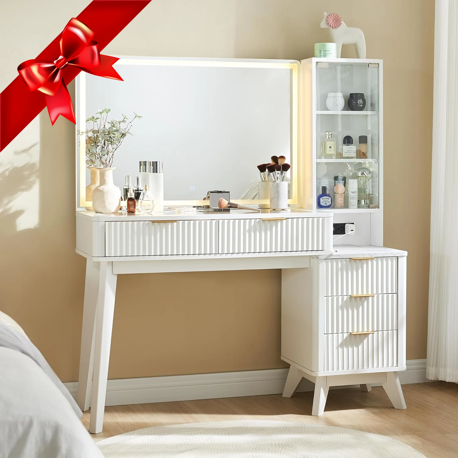 

48-дюймовый рифленый туалетный столик для макияжа с большим зеркалом 36 дюймов и подсветкой, 5 ящиками и регулируемыми полками, с зарядной станцией для спальни,