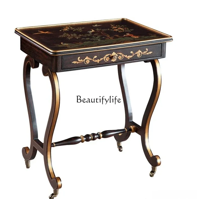 

LDMini Corner Table Brown Crack Paint Painted Character Flowers and Birds Curved Angle Tea Table with Copper Casters
