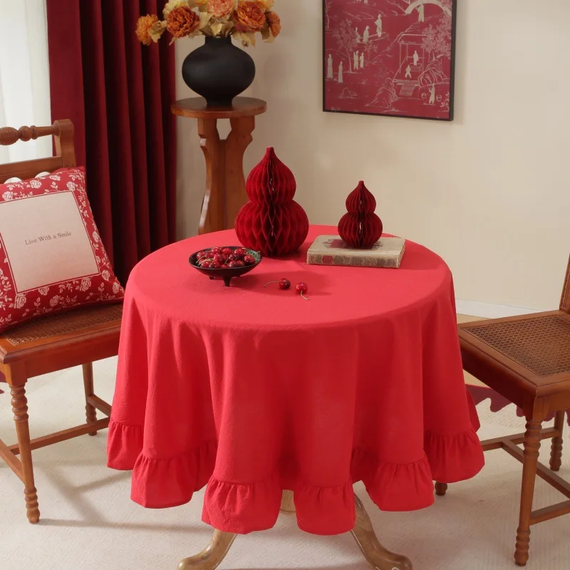 

Washable Cotton Round Tablecloth Table Cover Ruffle Flounces Trim for Holiday Dinner Party Banquet Kitchen Wedding Decoration