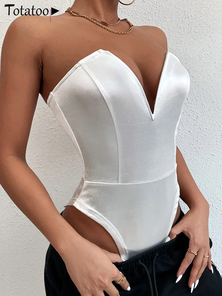 Totatoop-Women's Off Shoulder Deep V Neck Slim Bodysuit Sleeveless Backless Short Jumpsuit Clubwear Body Tops Sexy 2024