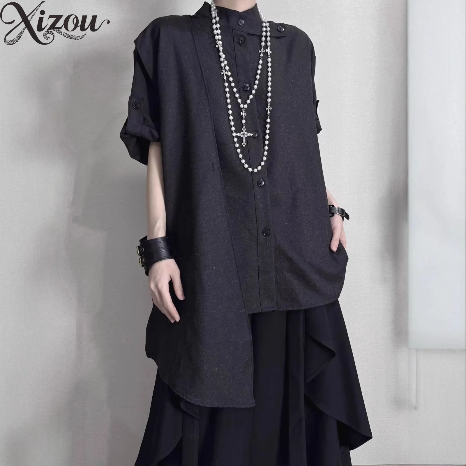 New Chinese Style Man Ribbon Stand Collar Shirt Inspired Neutral Patchwork Gothic Y2K Streetwear Unisex Long Sleeve Top Daily