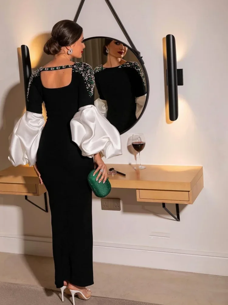 Sexy O Neck Puff Sleeves Patchwork Diamonds Bandage Dress Women Black Long Sleeves Crystal Bodycon Dresses Evening Party Gowns