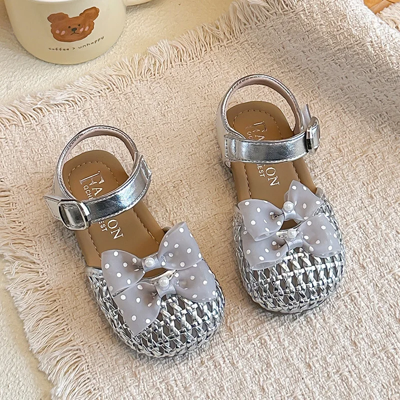 Girls Princess Sandals Sweet Polka Dots Kids Beach Shoes Weave Soft Bottom 2026 Summer New Children Sandals Non-slip Trendy