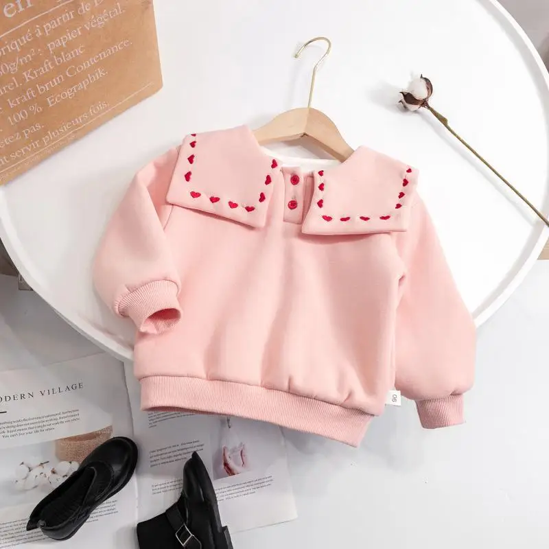 LYY-Girls2024Autumn Winter New Pullover Fleece Lined Padded Warm Keeping Navy Lapel Little Girl Fashionable Winter Clothes Top F