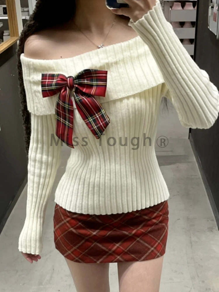 Autumn Winter Solid Knit 2-piece Set Women High Street Bow Long Sleeve Off Shoulder Sweater Women + Plaid Thin Short Skirt Suit