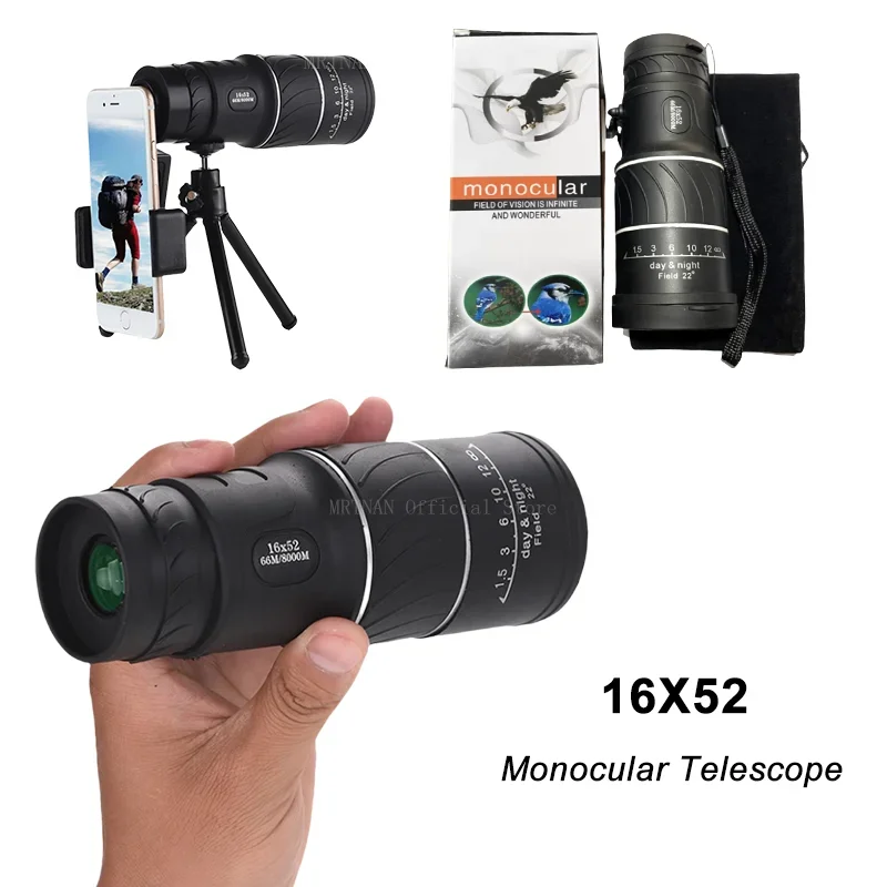 16X52 Monocular Telescope Optical Lens High Definition Handy Optics Scope Dual Focus Zoom 16X Binocular for Outdoor Camp Hunting