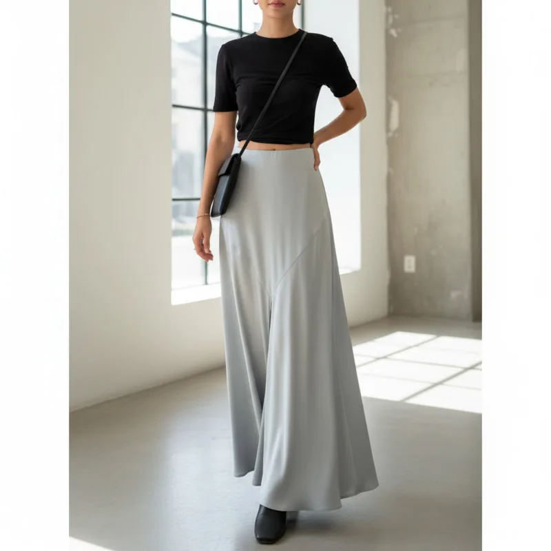 Elegant Satin Long Skirt Women High Waist A Line Silhouette With Subtle Slit Spring Maxi Skirt For Commute Street Style Wear New