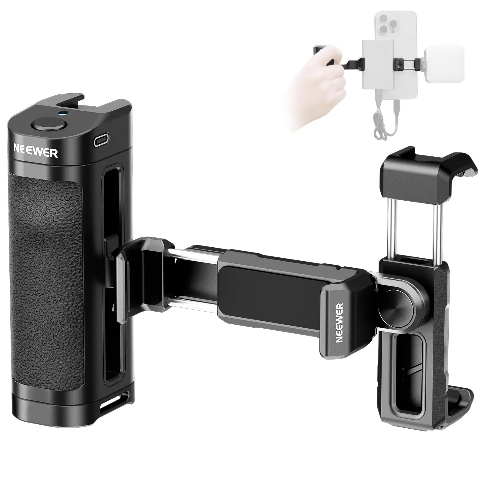 

NEEWER Bluetooth Side Handle Shutter Release with Phone Clamp SSD Holder, Cold Shoes Compatible with iPhone Samsung T5/T7/T9 SSD