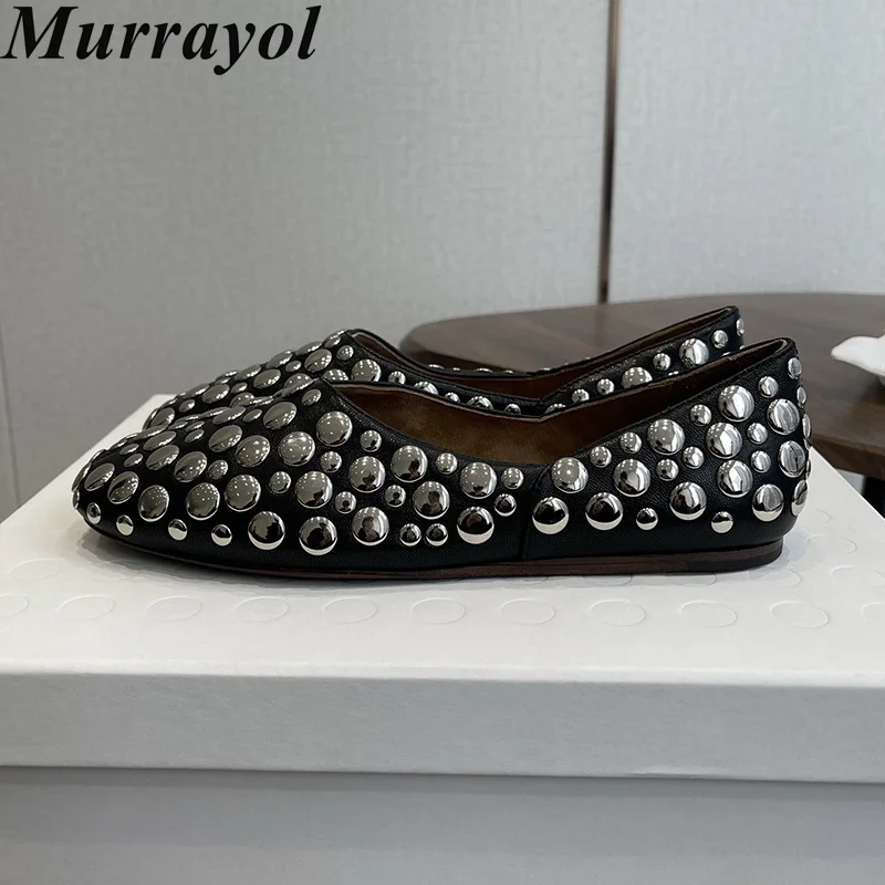 Women Lazy Loafers Round Toe Shallow Mouth Flat Shoes Metal Decor Genuine Leather Spring Office Commuting Shoes Driving Shoes