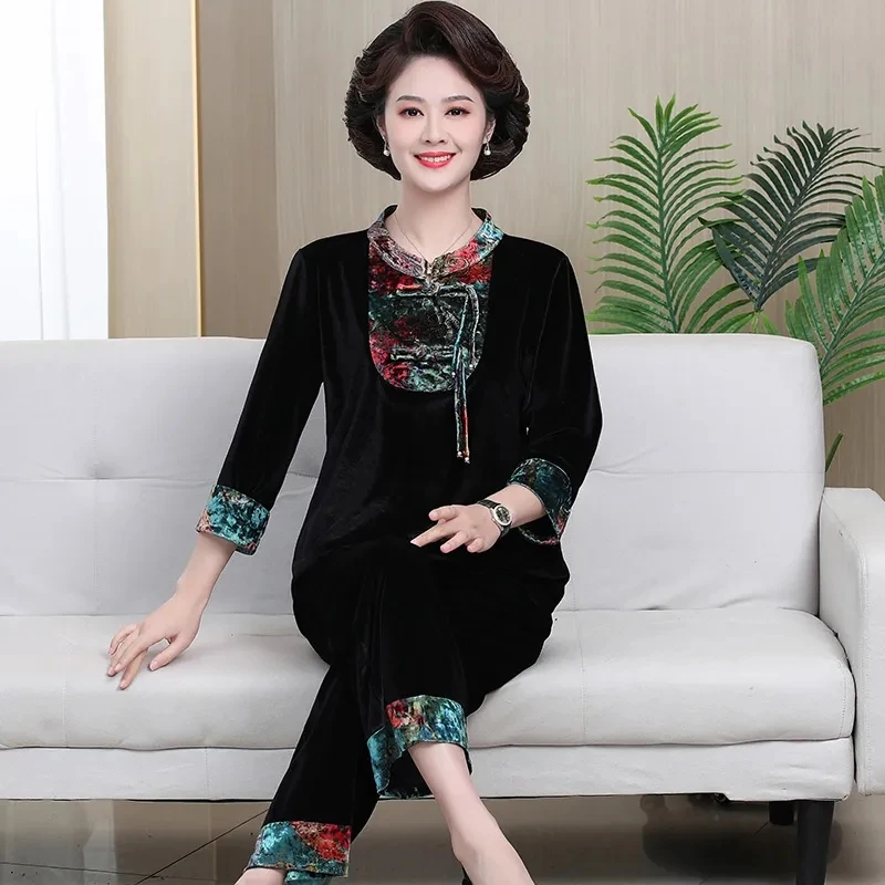 

Mother Spring Autumn New Gold Velvet Tracksuit Sets 6XL Large Size Vintage Ethnic Style 2PCS Middle Aged Women Sportwear Suits