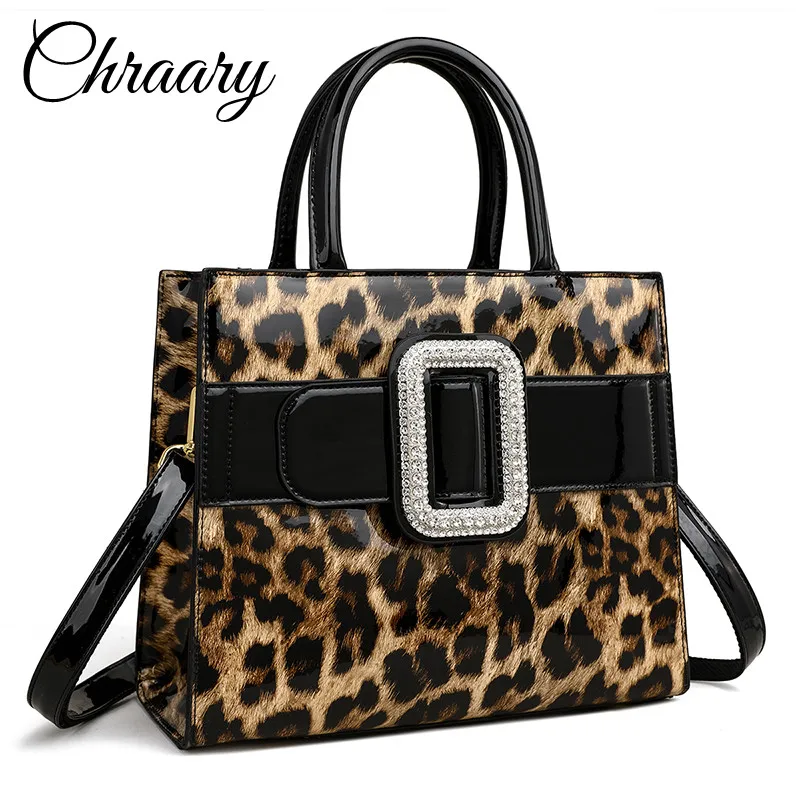 Top Quality Patent Leather Leopard Print Luxury Women Bags Diamond Ornament Large Messenger Bags for Lady Designer Female Totes