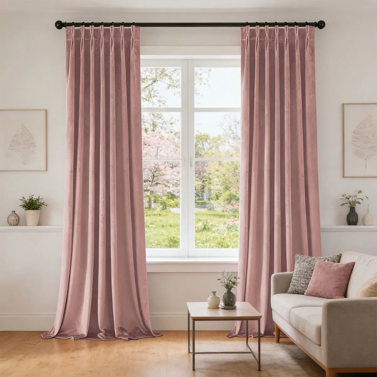 Blush Pink Velvet Pinch Pleat Curtains, Soft Heavy Velvet Drapes for Girls Bedroom Cream Cottage Decor