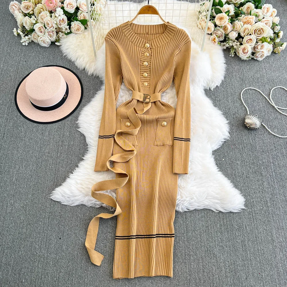 Chic Slim Long Sleeve O-neck Knit Dress High Street Vintage Single Breasted Slim Evening Korean Women Autumn Winter Clothing