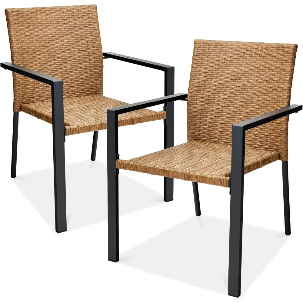 Set of 2 Stackable Outdoor Wicker Dining Chairs All-Weather Firepit Armchair w/Armrests, Steel Frame for Patio, Deck, Garden