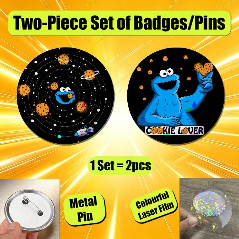For Cookie Monster Fanart Enamel Pin Badge Set 2PCS Round Metal Button Brooch Backpack Ita Bag Pins Custom - view 2