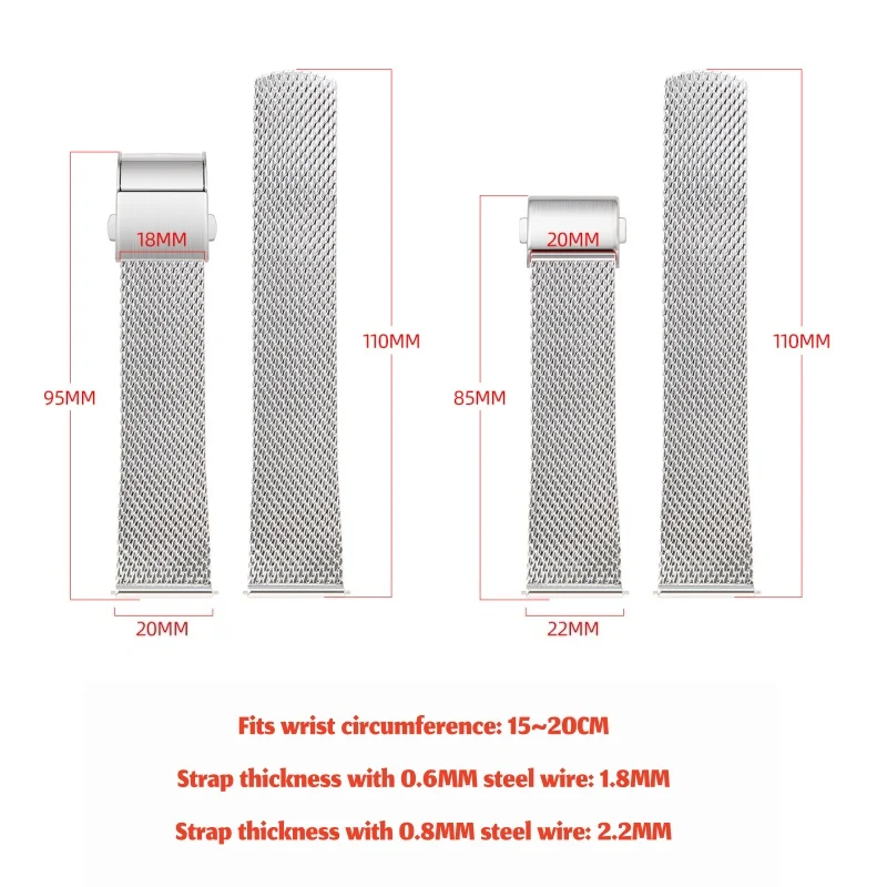 20mm 22mm Classic Milanese Watch Band Silver Solid 316 Stainless Steel Universal Quick Release Watch Strap with Integrated Clasp