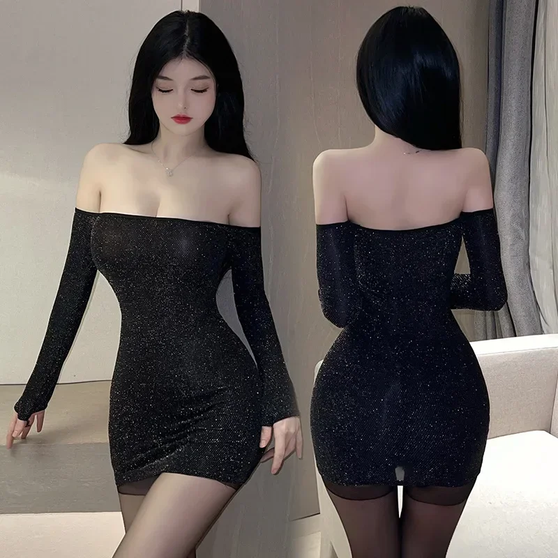 Top Fashion Sexy Low Cut High Elastic Womens Dress Nightgown Nightclub Nightdress Tight Fitting Buttocks Wrapped Uniform Skirt