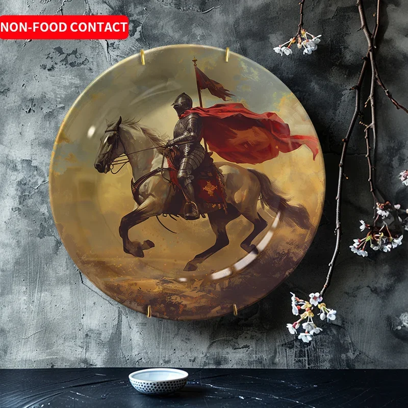 1pcMedieval Knight on Horseback Ceramic Decorative Plate Vintage Wall Art Hanging Dish for Home Decor Non-Food Contact Living