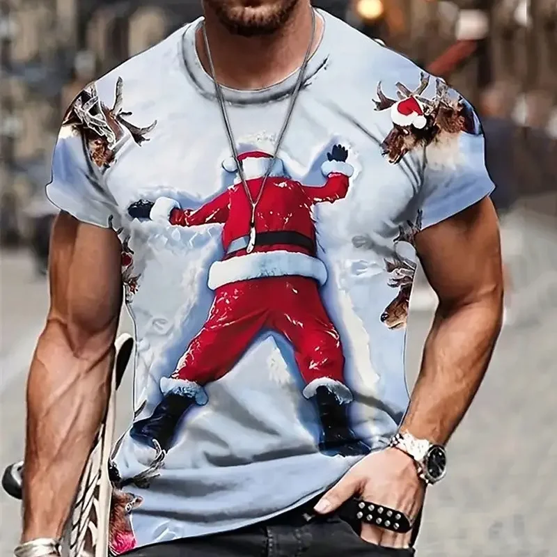 Men's 3D Santa Claus Printed T-shirt Oversized O-neck Breathable Short Sleeve Exquisite Christmas & New Year Gift Casual Top