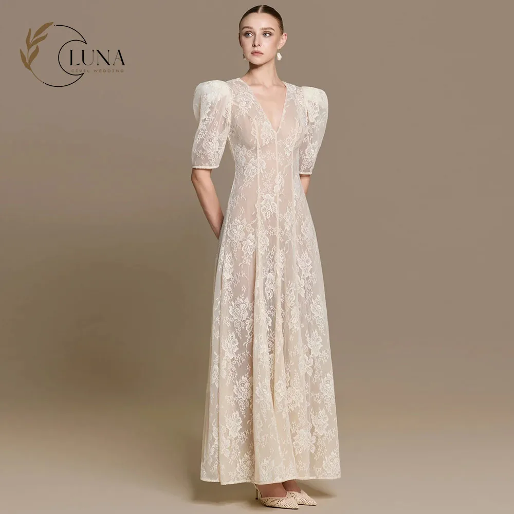 Luna Romantic V Neck A Line Floral Lace Wedding Dress With Puff Short Sleeves Sheer Ankle Length Vestidos De Novia Customiz